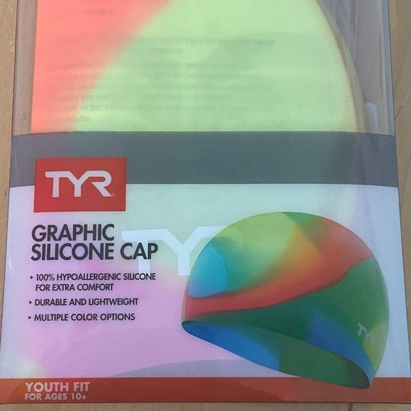 TYR Tie Dye Pink/Orange/Yellow New Silicone Swim Cap Junior Age 10+ Summertime - Picture 1 of 4